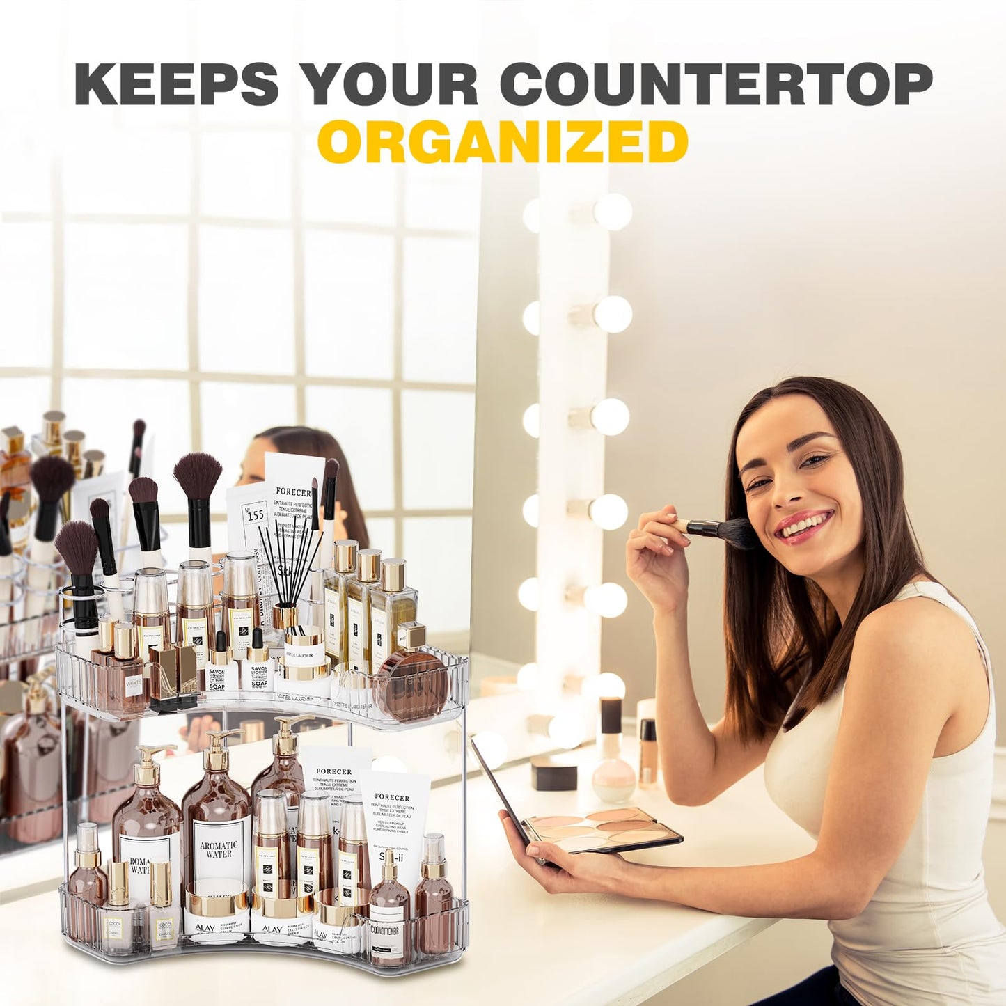 Asayuee 2-Tier Corner Bathroom Counter Organizer with Top Toothbrush Holders,Large Makeup Organizer Countertop with Brush Holder,Skincare Organizers Corner,Exquisite Vanity Organizer(Clear, 2 Tier)
