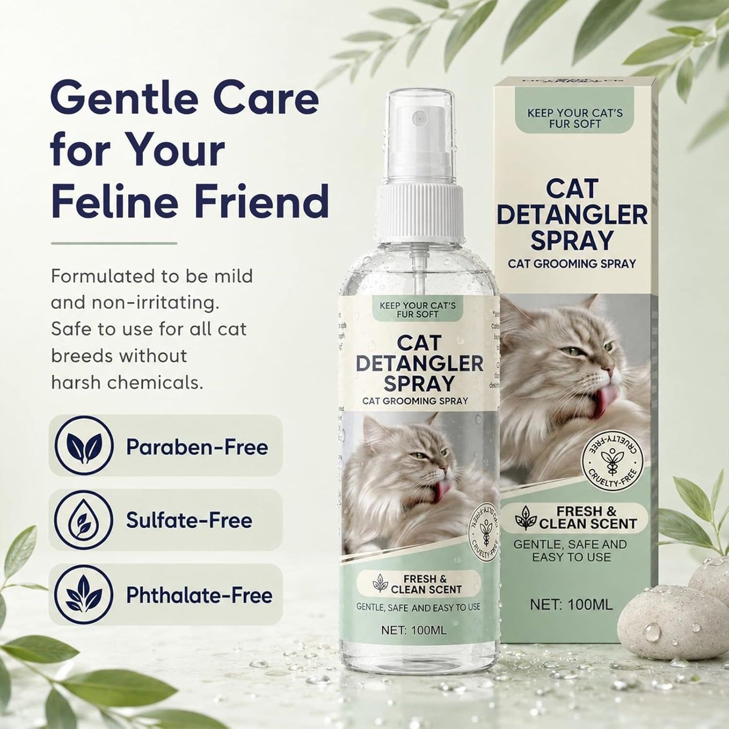 Cat Detangler Spray | Gentle Leave-in Grooming Spray with Aloe Vera & Coconut Oil - Loosens Knots, Reduces Static - 100ml