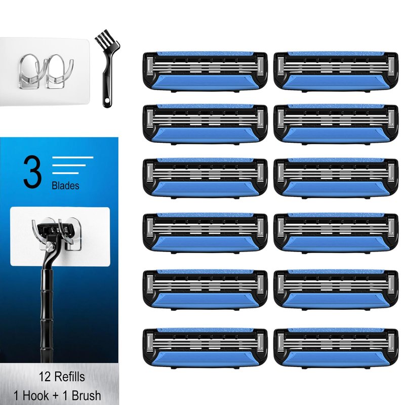 FYNEDGE Men's Razor Blade Refills, 12 Count, 3-Layer Ceramic Coated Blades with Lubricating Strip, Matching Handle, Wall Hook & Cleaning Brush Included for Smooth Shaving