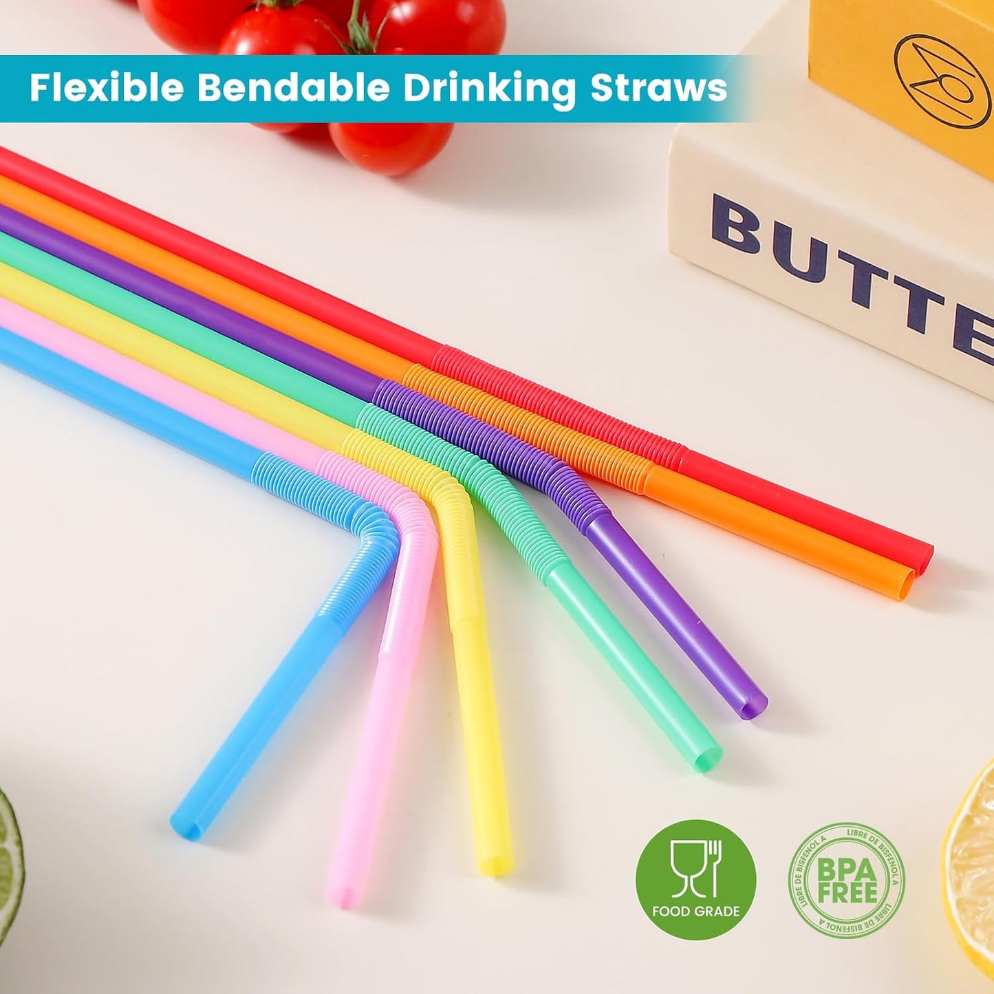 Extra Long Flexible Plastic Straws - 10.24" Colorful Bendy Drinking Straws | 100 Pack, Individually Wrapped