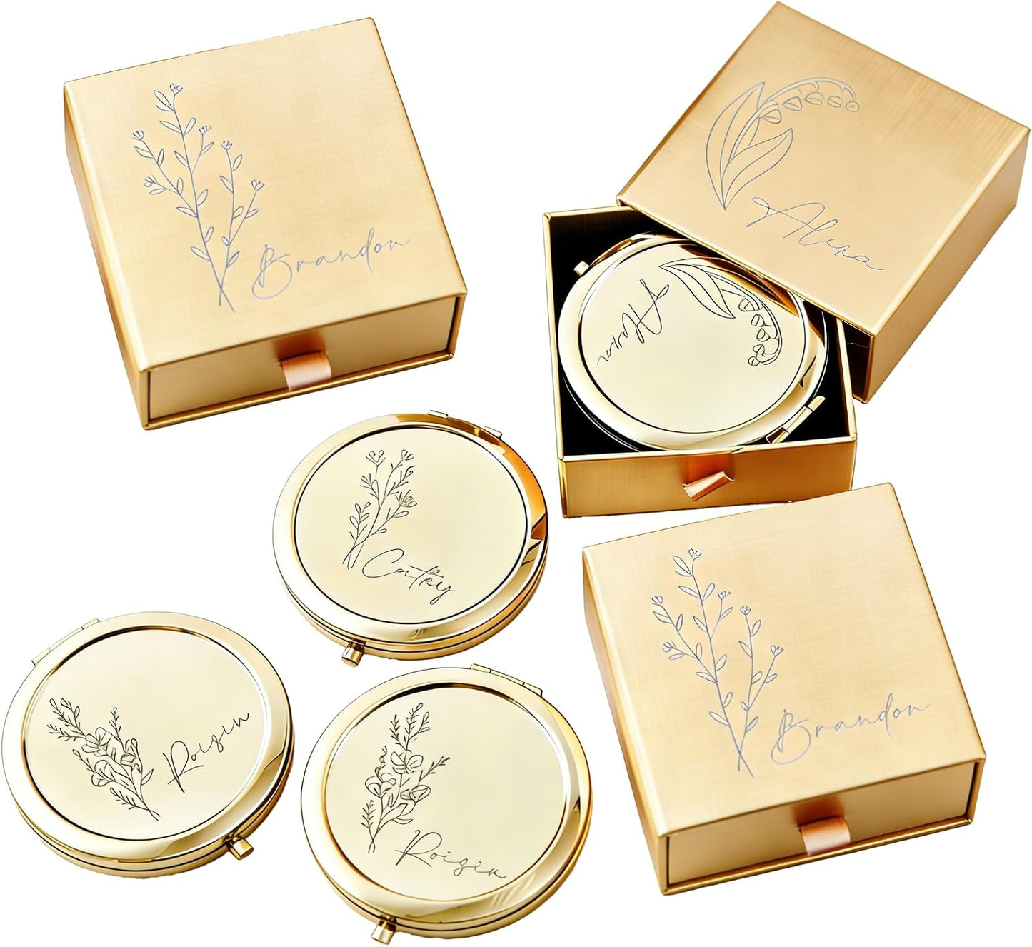 Custom Engraved Floral Compact Mirror - Personalized Bridesmaid Gift | Monogrammed Pocket Mirror for Weddings