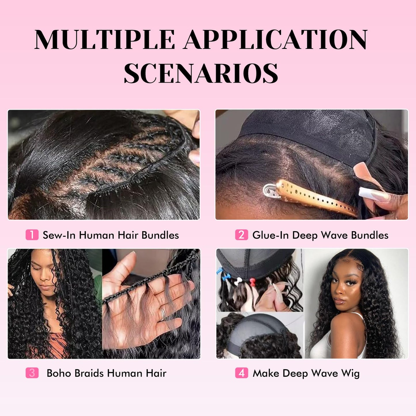 Human Hair Bundles Deep Wave 14 16 18 20 Inch Curly Bundle Human Hair 100% Unprocessed Brazilian Virgin Hair 4 Bundles for Women Wet and Wavy Hair Bundle Weave Extensions Natural Black