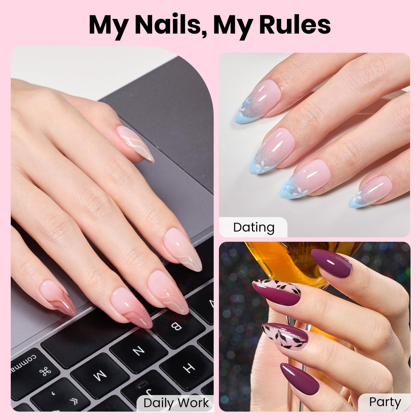 Beetles Gel Nail Kit Flat-X, Almond Medium, 320pcs 16 Sizes Nail Tips, with 15g Nail Glue Gel Hands-Free, 7.5ml Base Gel & Top Coat, Mini Lamp, for Acrylic Press On Nail, Extension DIY Set at Home