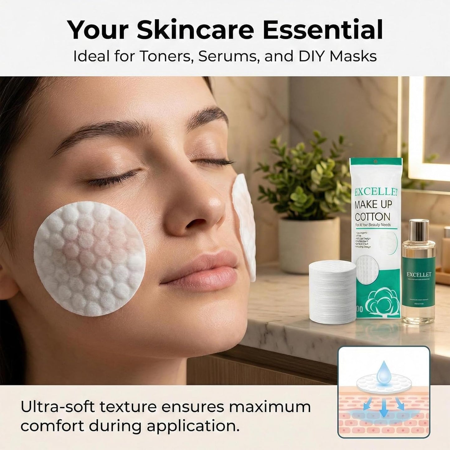 Cotton Rounds Bulk - 300PCS Lint-Free Makeup Remover Pads | Soft, High Absorbency for Facial Cleansing & Beauty Care