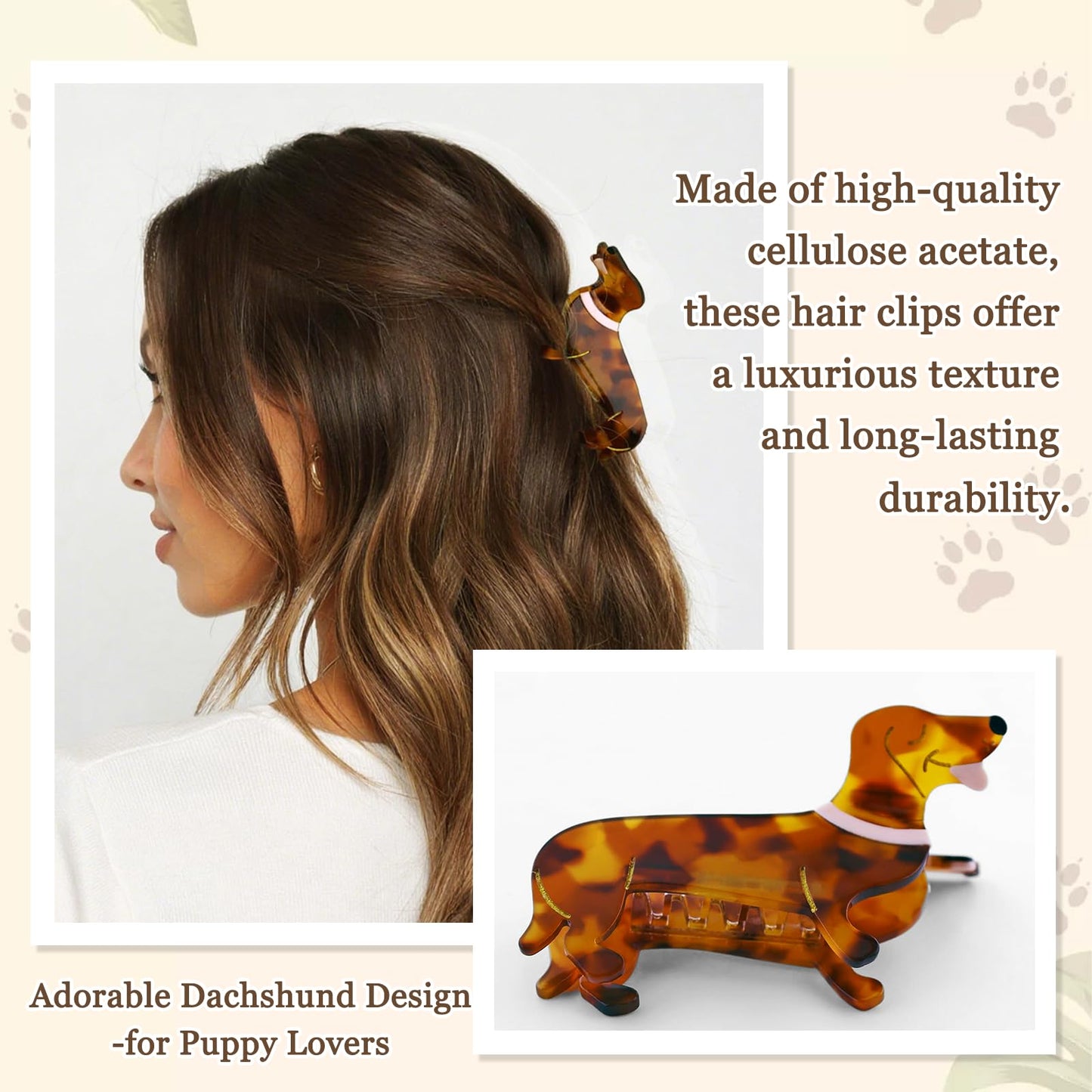 2 Pcs Dachshund Dog Hair Clips for Women - Acetate Non-Slip Claw Clips, Cute Pet Lover Gifts for Christmas & Birthday, Stylish Hair Accessories for Straight/Curly Hair