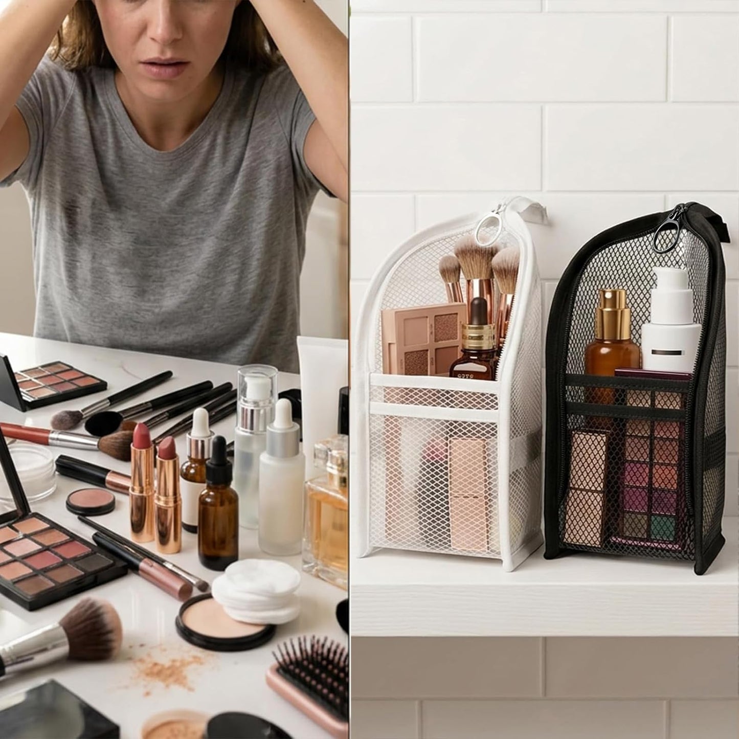 Pjsrsdaee Standing Toiletry Bag, Lightweight Portable Travel Toiletry Bag, EVA Foldable Thickened Clear Hanging Makeup Bag, Breathable Cosmetic Organizer for Travel & Bathroom (Black and white)