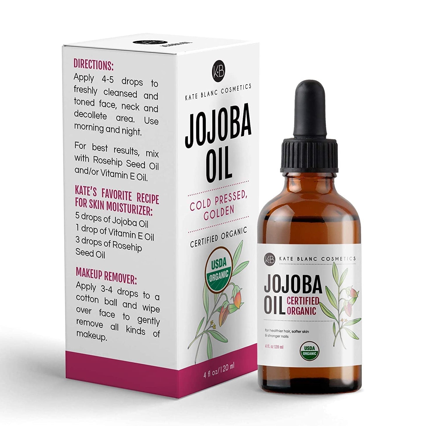 Kate Blanc Cosmetics Organic Jojoba Oil - 100% Pure Cold Pressed Moisturizer for Hair, Skin & Nails | 4oz Glass Bottle