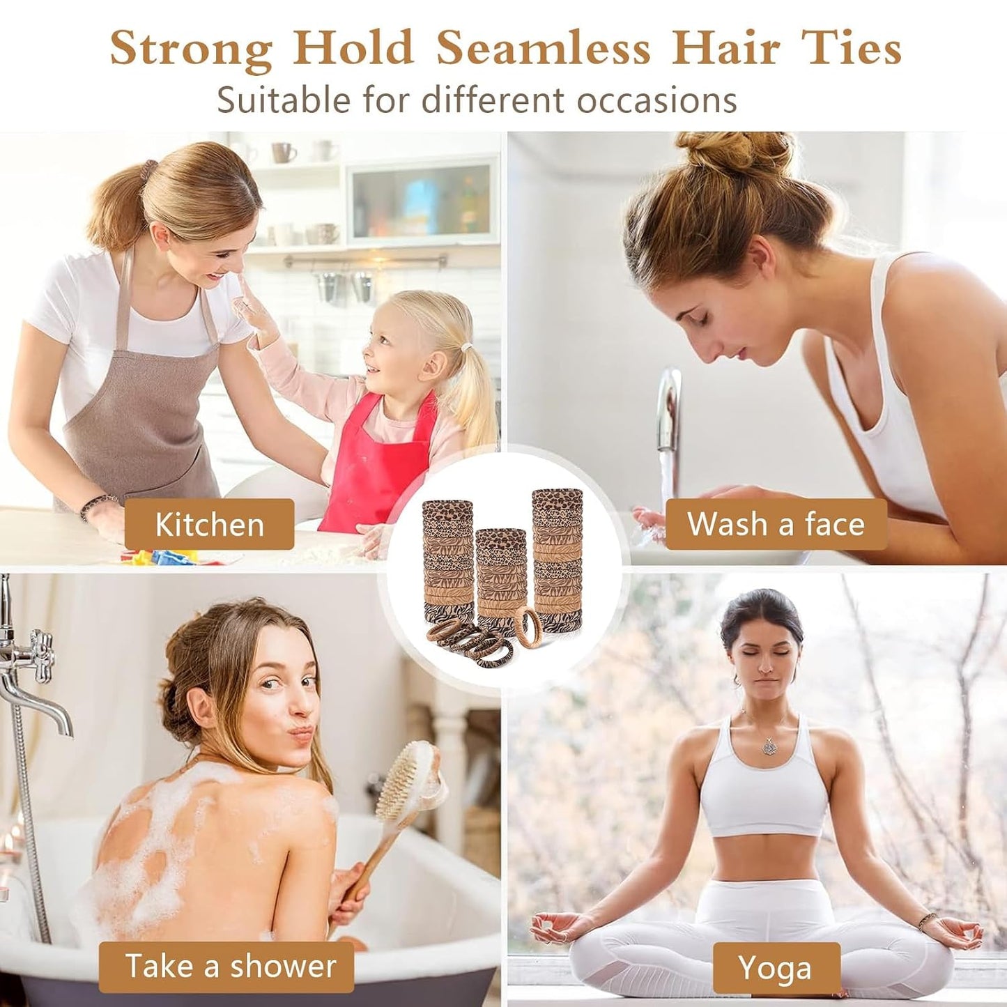 Bessrung 100PCS Seamless Elastic Hair Ties - No Damage Ponytail Holders for All Hair Types | Leopard Print