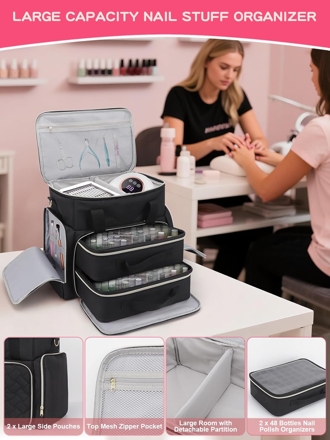 Nail Polish Organizer Case - Holds 96 Bottles (15ml) & Nail Dryer | Gel Polish Bag with 2 Removable Pouches, Black