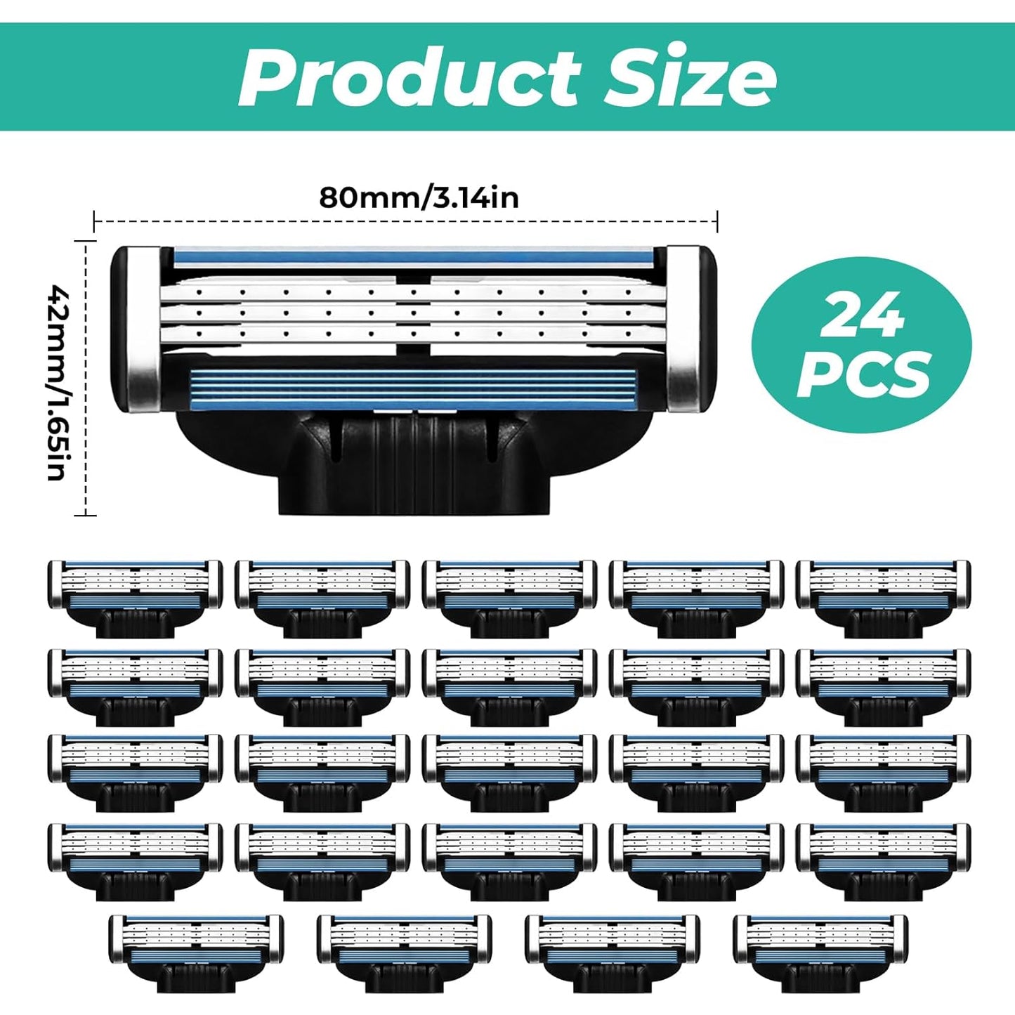 Razor Blade Refills for Men - 24PCS Mach3 Compatible Blades | Dual Lubrication for Close Shave