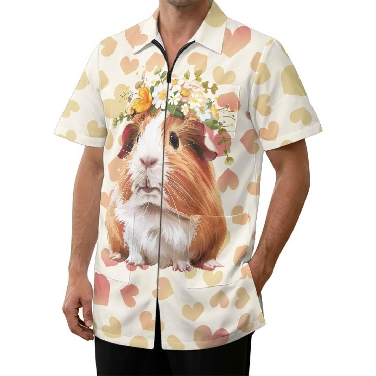 Wupobuzy Unisex Grooming Smock, Beige Cute Guinea Pig & Hearts Print, S