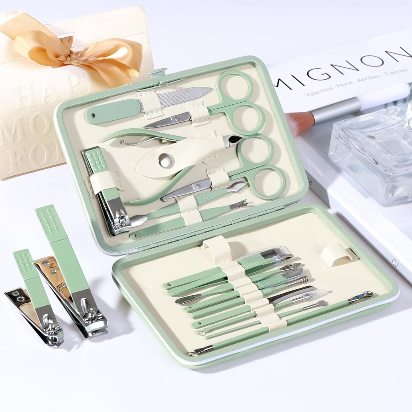Manicure Set - 18-Piece Nail Clippers & Pedicure Kit for Men & Women | Tea Green Grooming Tools in Fine Case