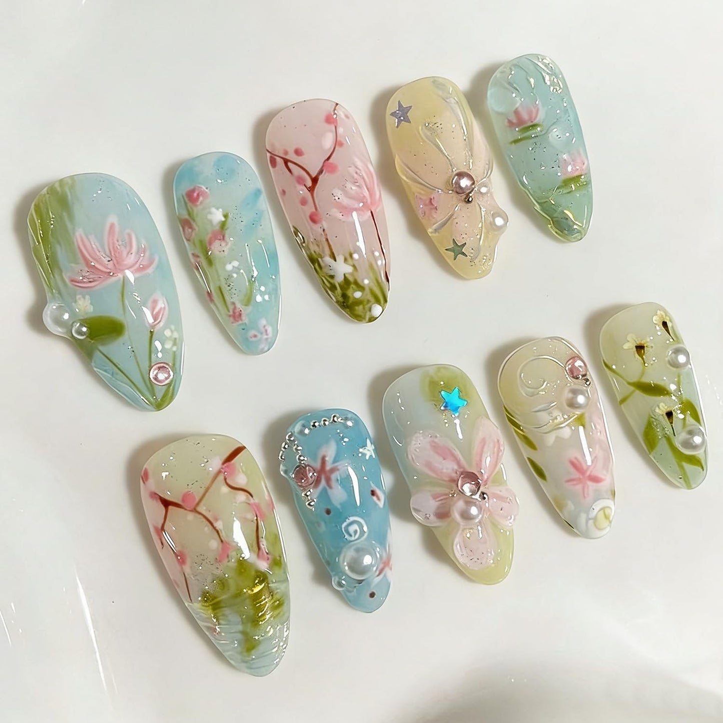 Independence Day Press-On Nails - 30Pcs Medium Almond Shape with 3D Red & Blue Bow Designs | Patriotic French Tip Full Cover