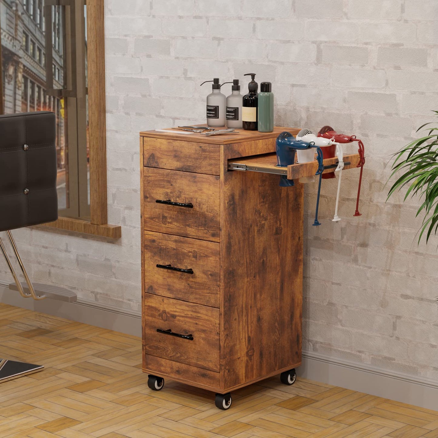 Salon Trolley Cart with Wheels, Wooden Hair Storage Cabinet, Stylist Cart Mobile Hairdressing Barber Station for Beauty Spa Barbershop, 3 Large Drawers, 3 Hot Tool Holders, Rustic Brown