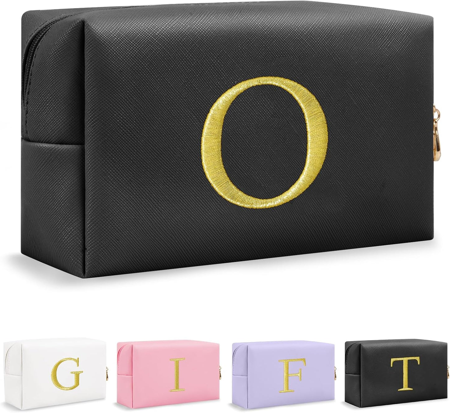 Personalized Initial Makeup Bag - Gold Embroidered Cosmetic Bag for Teens | Custom Travel Toiletry Bag (Black)