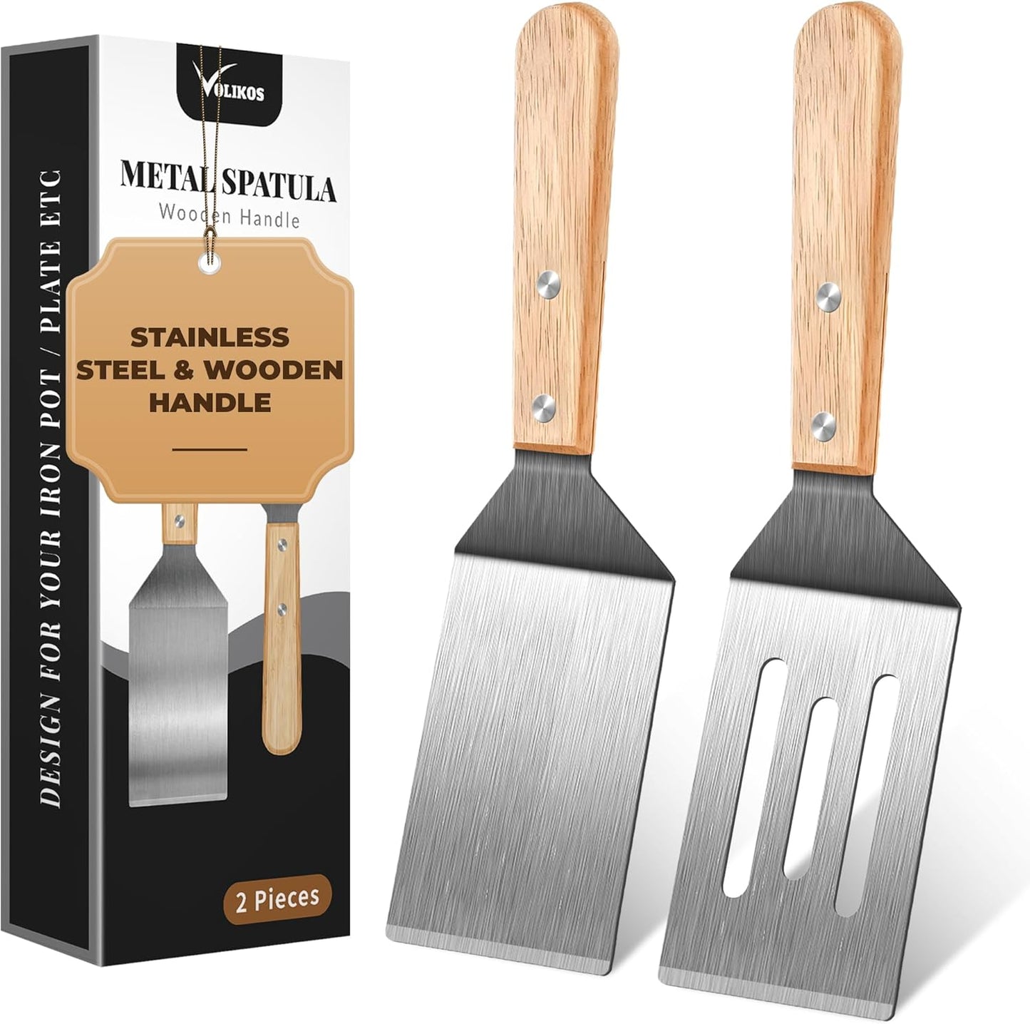 Stainless Steel Spatula Set - 2 Metal Spatulas with Wooden Handles for Cast Iron | Ideal for Frying Steak, Pancakes & More