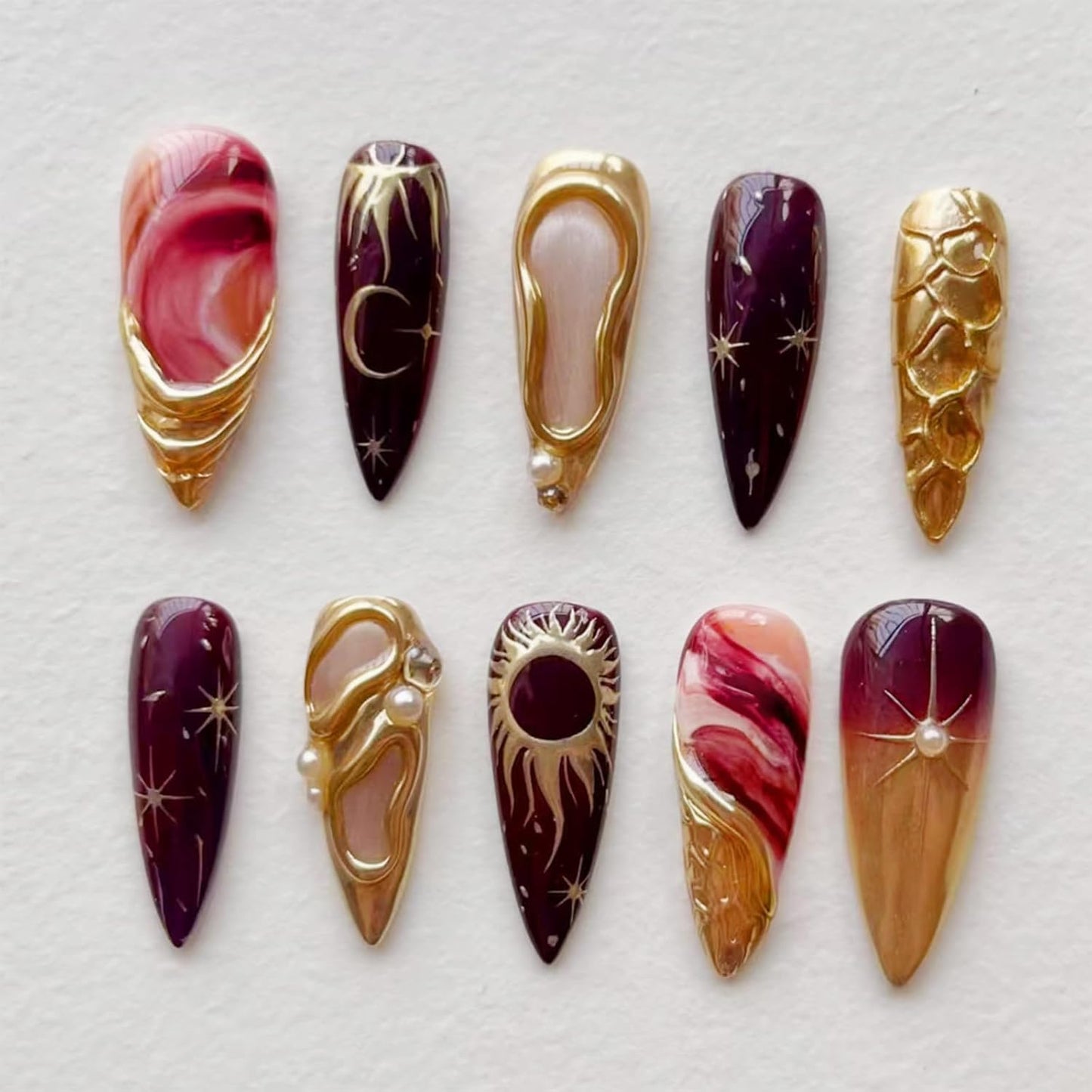 Press On Nails - 30Pcs Medium Almond French Tip with Cute Flower & 3D Pearl Designs | Reusable Pink Blue Acrylic