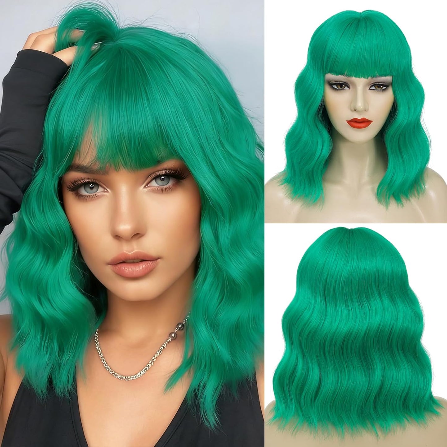 Emerald Green Wavy Bob Wig with Bangs - Shoulder Length Synthetic Cosplay Hair