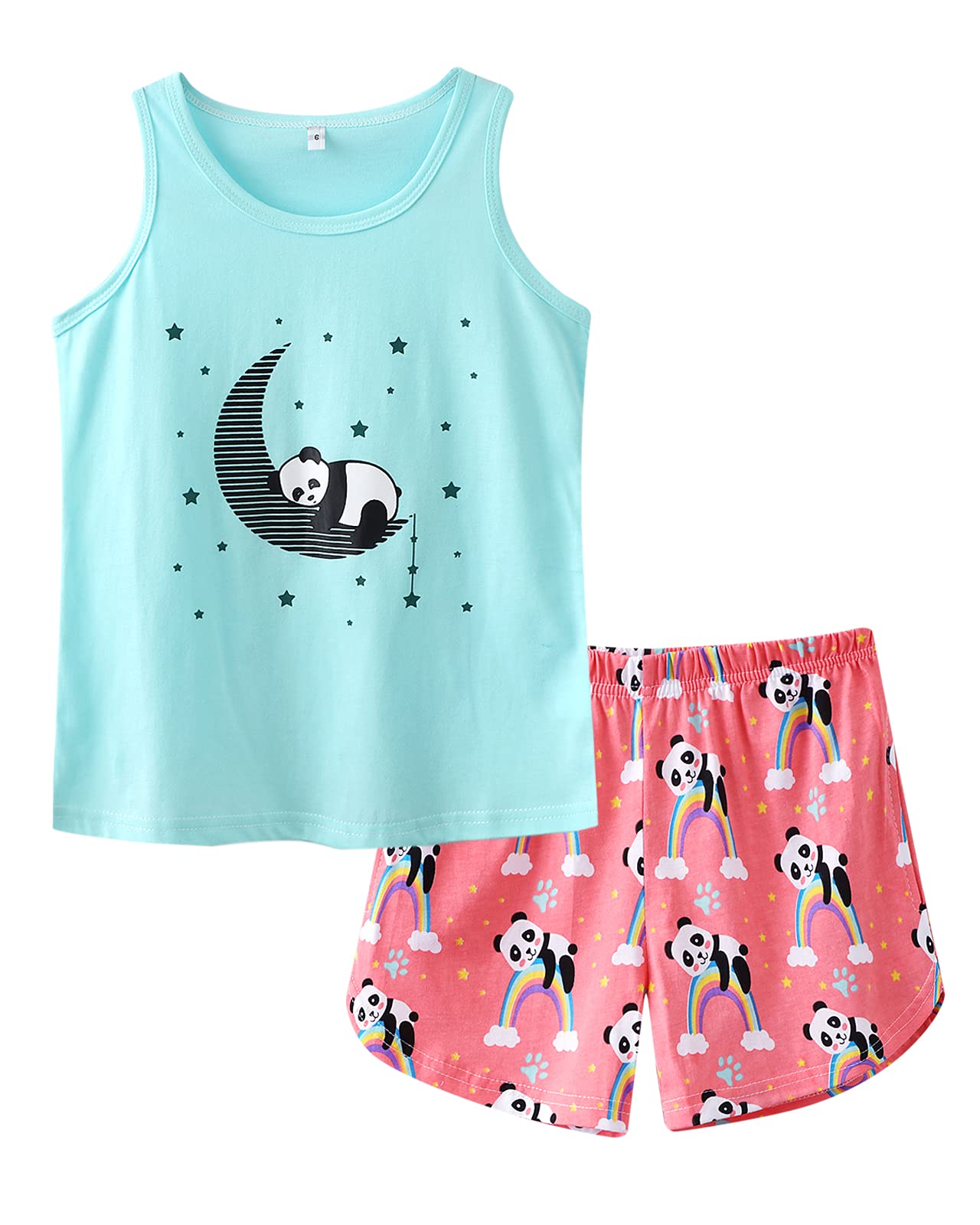 CYCHELRY Girl Sleeveless Summer Pajamas Set Cute Unicorn Pattern Tank Top and Stripe Shorts Sleepwear Soft Teen PJS Set Size 6-16 (Blue&Pink(Pandas), numeric_16)