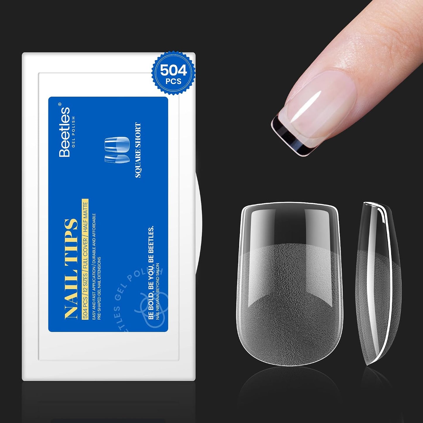 Beetles Gel Nail Tips - Easy Nail Extensions with 12 Sizes | Short Almond Half Matte Full Cover 504Pcs