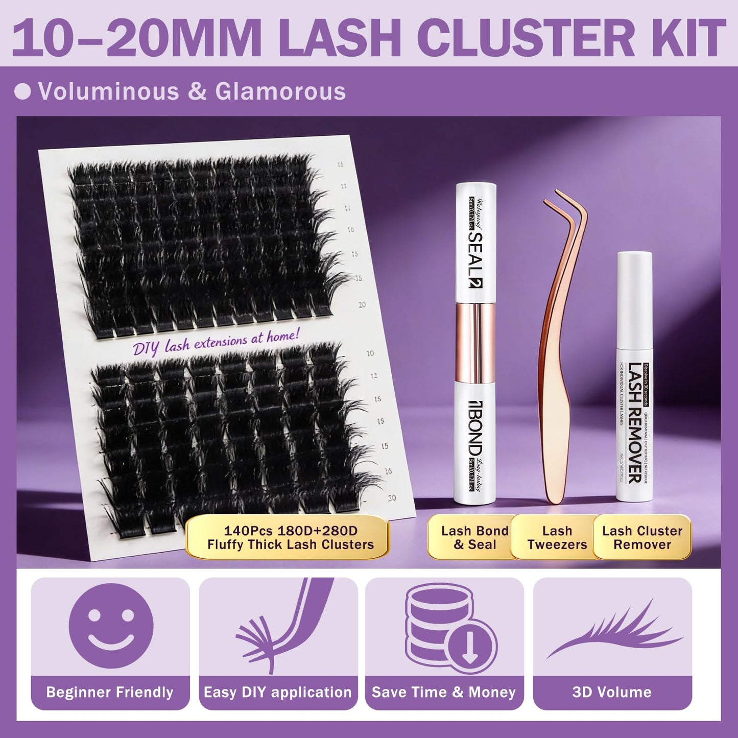 Burhhoi Fluffy Lash Cluster Kit 180D + 280D Mega Volume, 10–20mm Mixed Lengths, Thick Eyelash Extension Kit for Dramatic Glam Look, Soft Matte Black Lashes with Bond & Seal, Tweezers & Remover