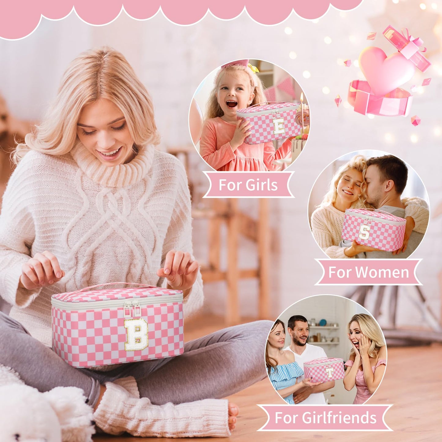 OCHEAL Makeup Bag for Women, Monogram Cosmetic Bag Pink Travel Makeup Case Beauty Toiletry Bag Organizer Personalized Gifts for Girls Bridesmaid, Sister, Wife, Friends Initial L
