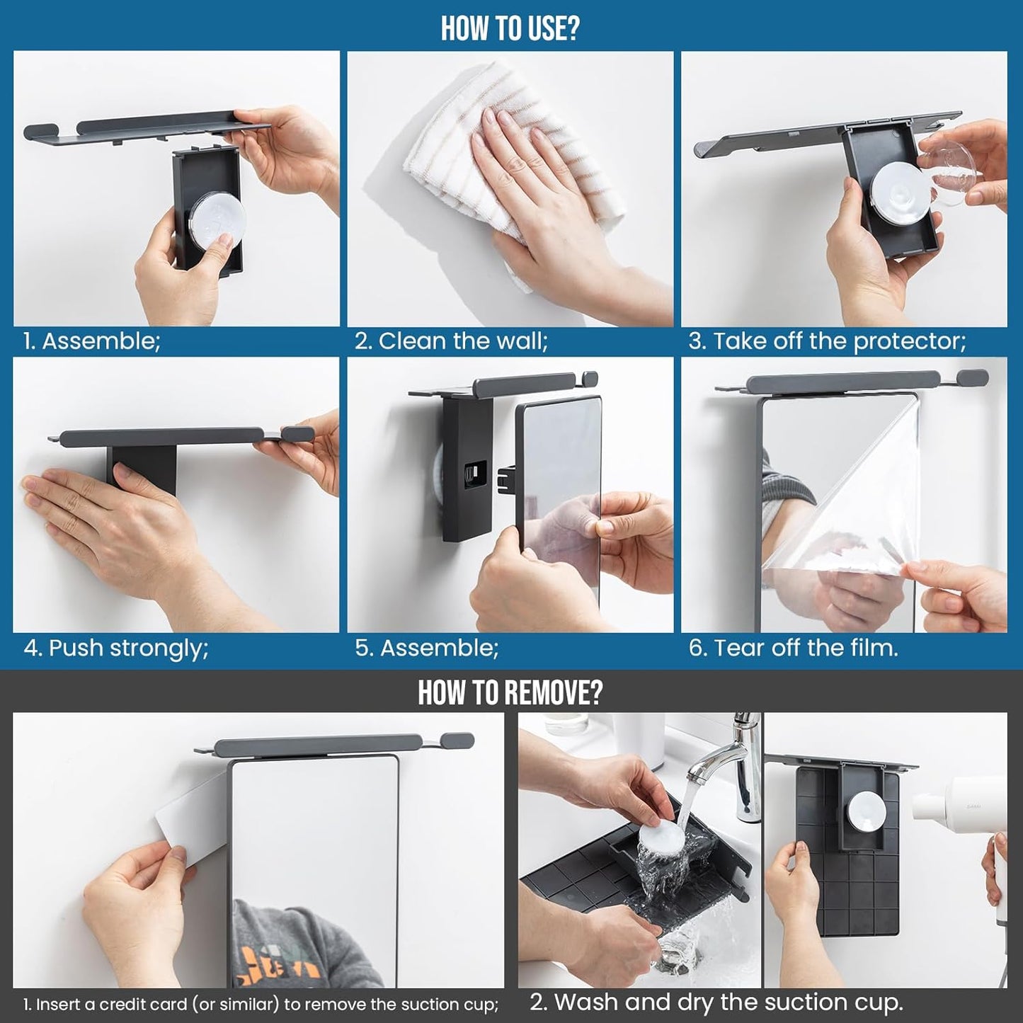 Fogless Shower Mirror for Shaving - Anti-Fog, Wall-Mounted with Powerful Suction | Shatterproof, Grey