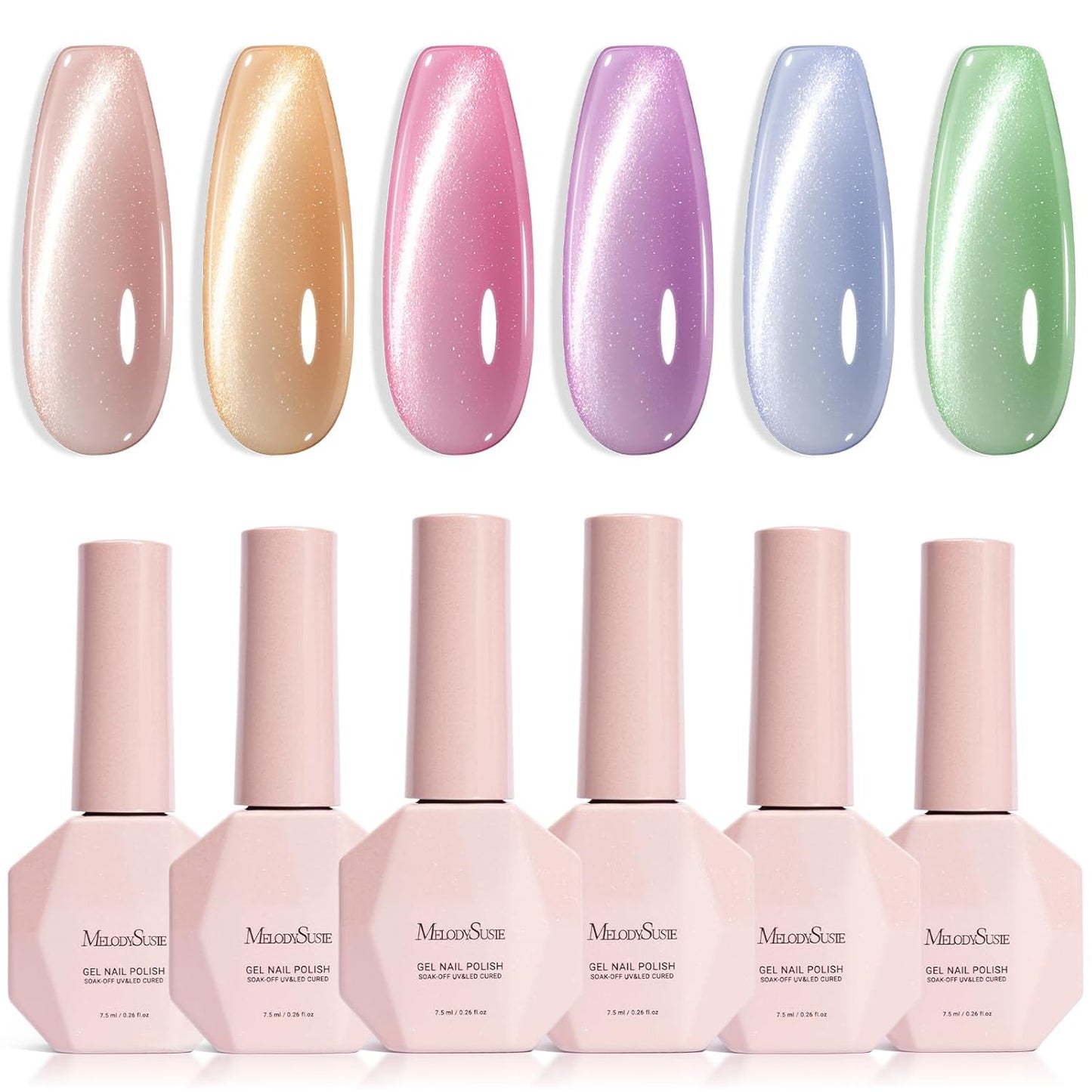 MelodySusie Cat Eye Gel Nail Polish Set - 6 Pcs Glitter Holographic Magnetic Polish | 0.26 Fl Oz Each