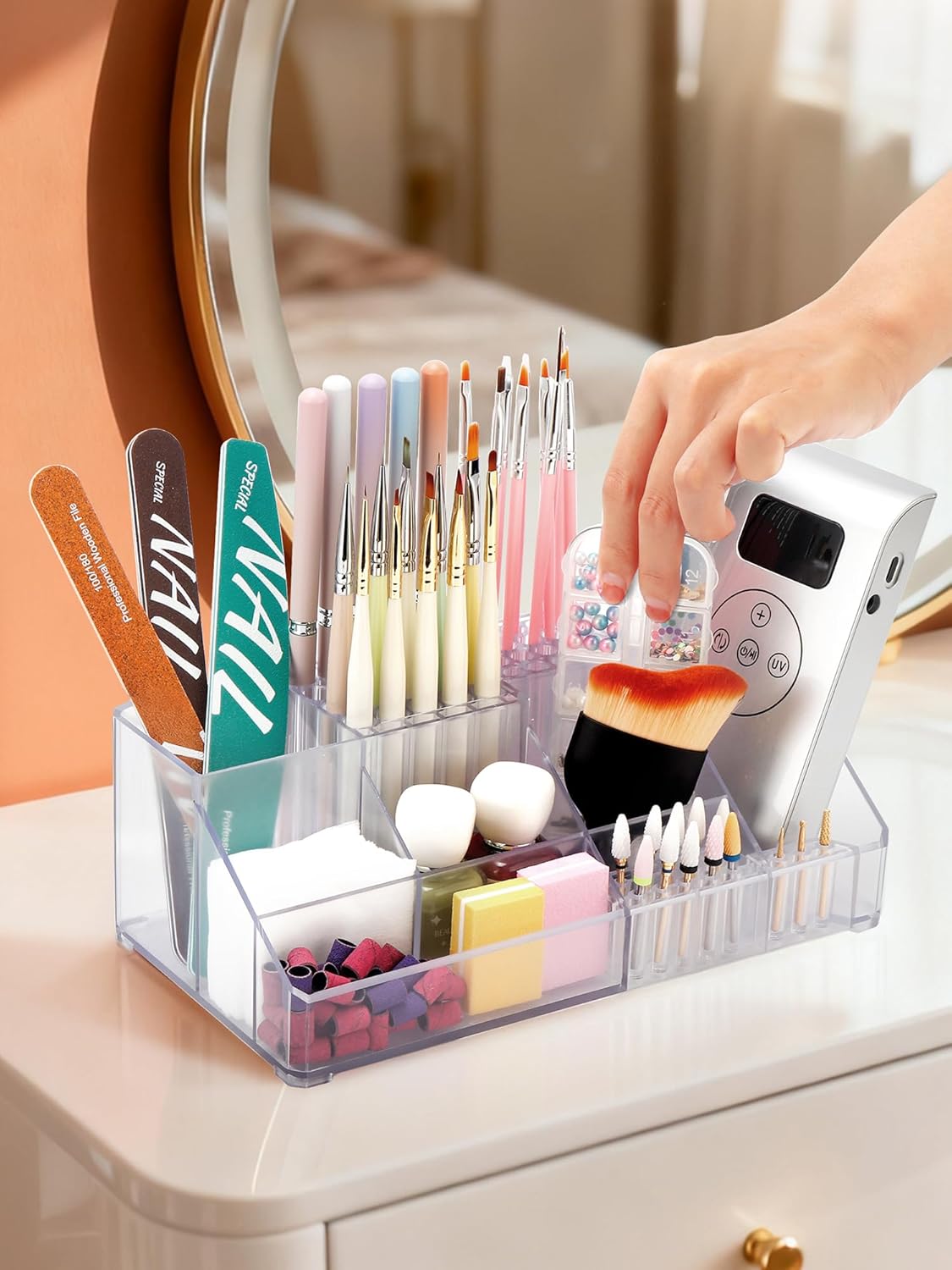Nail Drill Holder with Drawer - Acrylic Makeup Organizer Case for Nail Bits | Beauty Storage Box for Dresser & Vanity