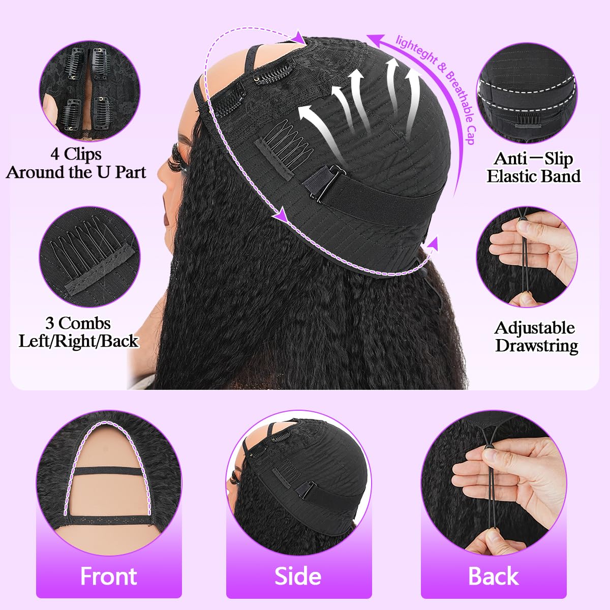 Kinky Straight U Part Wig - 20 Inch Human Hair for Black Women | Glueless, Natural Hairline, 220% Density
