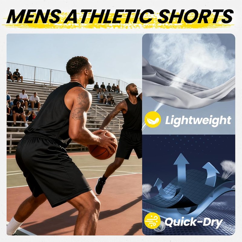 Men's Athletic Shorts - Quick Dry Activewear with Pockets & Elastic Waistband | Comfortable Fit