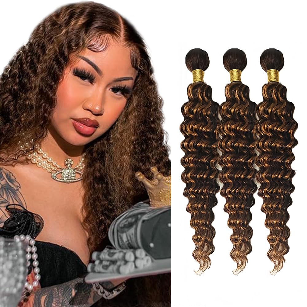 30 32 34 inch Highlight Bundles Human Hair Brown Deep Wave Bundles P430 Human Hair Bundle 2 Tone #4 and #30 Color 150g
