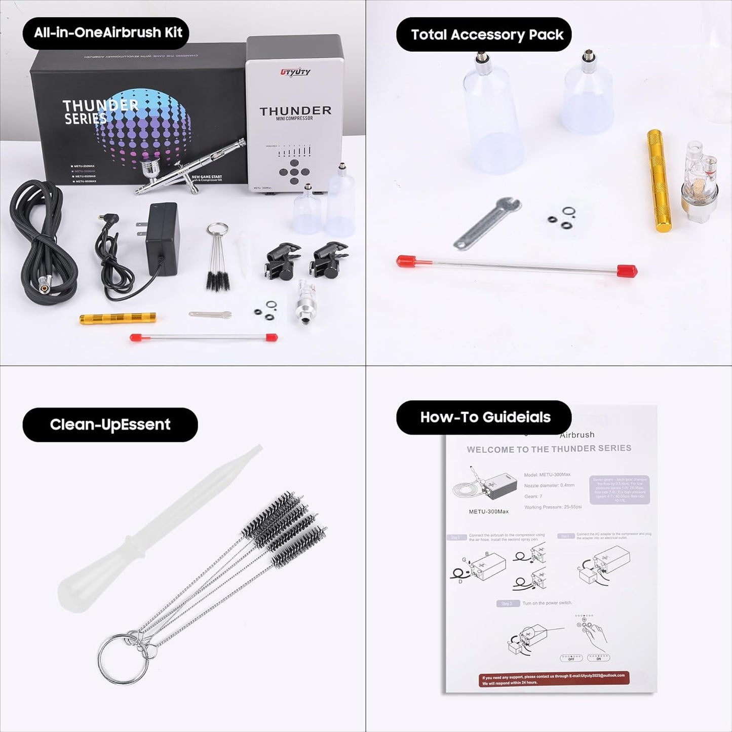 Airbrush Kit - Portable 27PSI Air Compressor with 7 Pressure Levels | Ultra-Quiet Dual-Action 0.3mm Gun for Beginners & Crafts