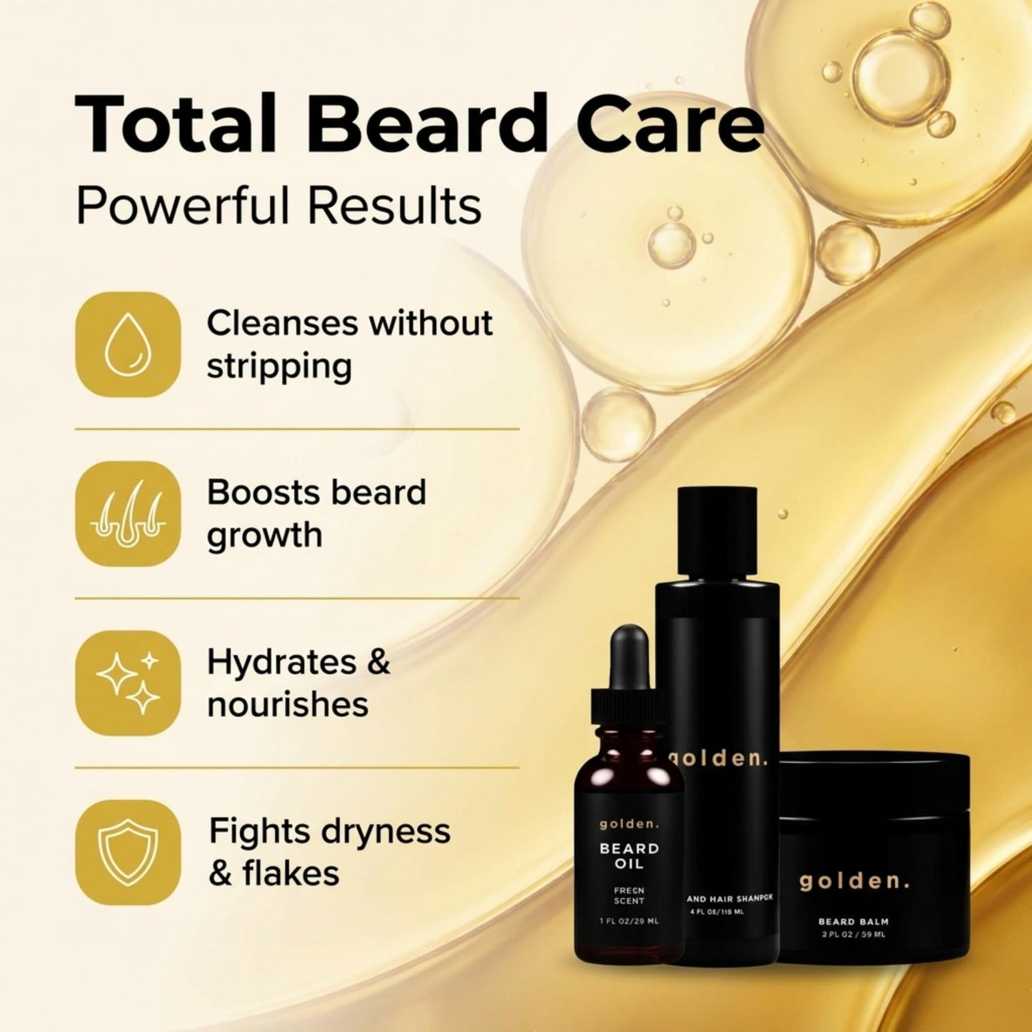 Golden Grooming Beard Bundle (Regular Starter Kit) 4oz Shampoo, 2oz Balm, 1oz Oil - Fresh