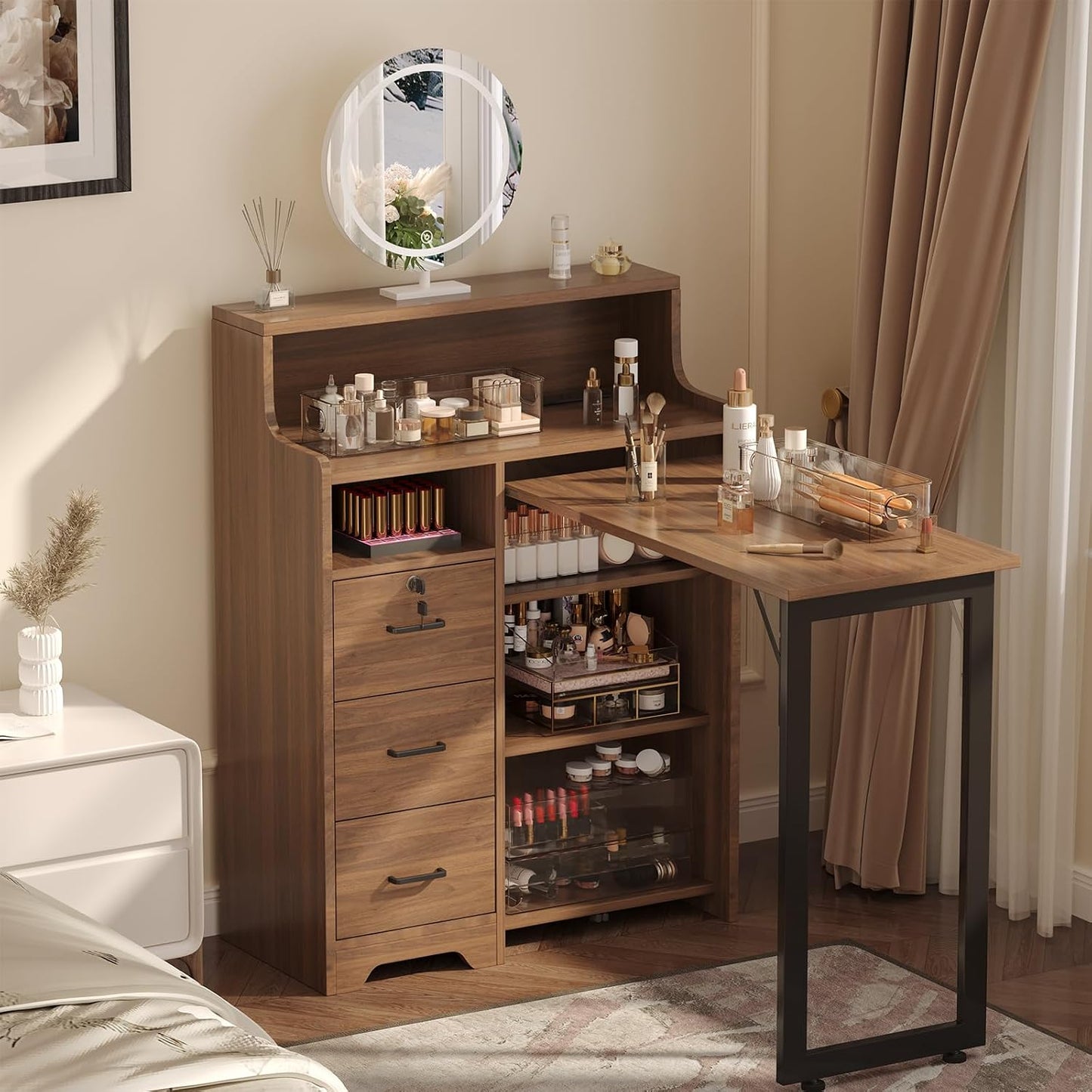 Foldable Nail Desk - L Shape Manicure Table with Drawer & Charging Station | Portable Beauty Salon Workstation (Brown)