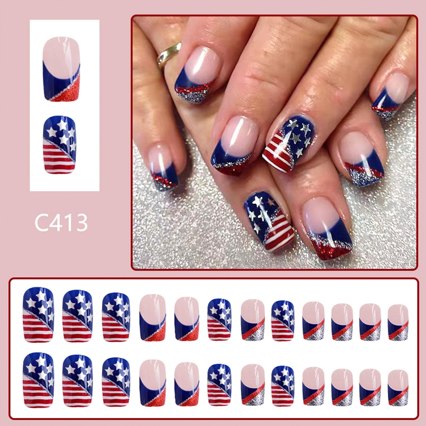 4th of July Short Press on Nails Square Red Blue French Tip Fake Nails Press ons Pink Full Cover False Nails White Star Glue on Nails Independence Day Artificial Stick on Nails