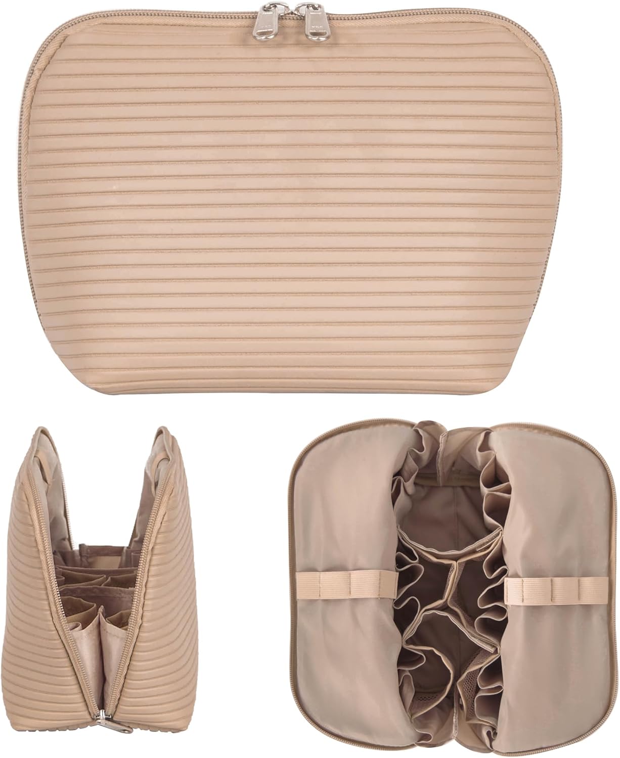 Travel Makeup Bag - Waterproof Stand-Up Cosmetic Organizer with Brush Holders | Large Brown Design for Skincare & Toiletries