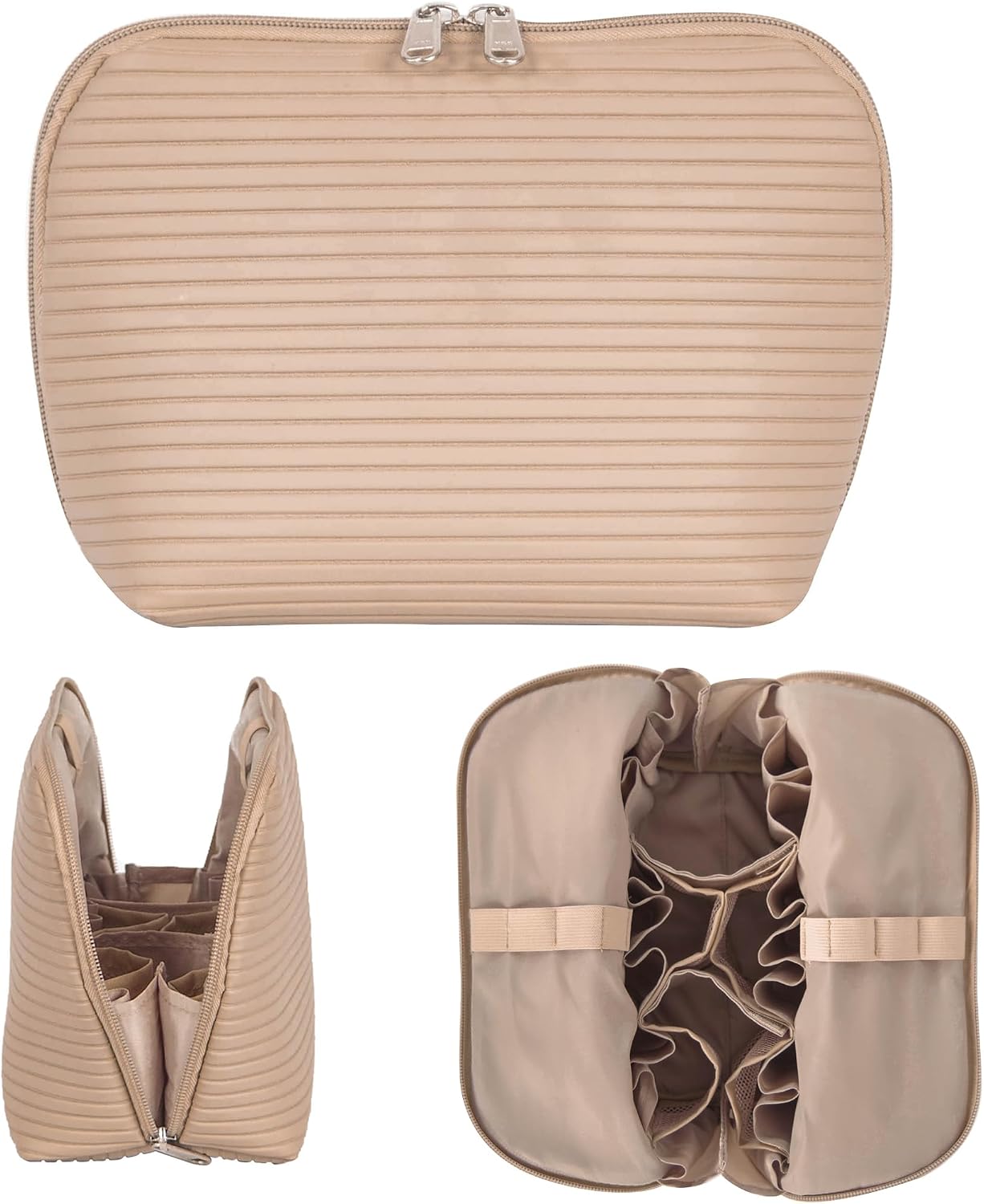 Travel Makeup Bag - Waterproof Stand Up Cosmetic Organizer with Brush Holders | Medium Brown, Fold-Down Design for Skincare & Toiletries
