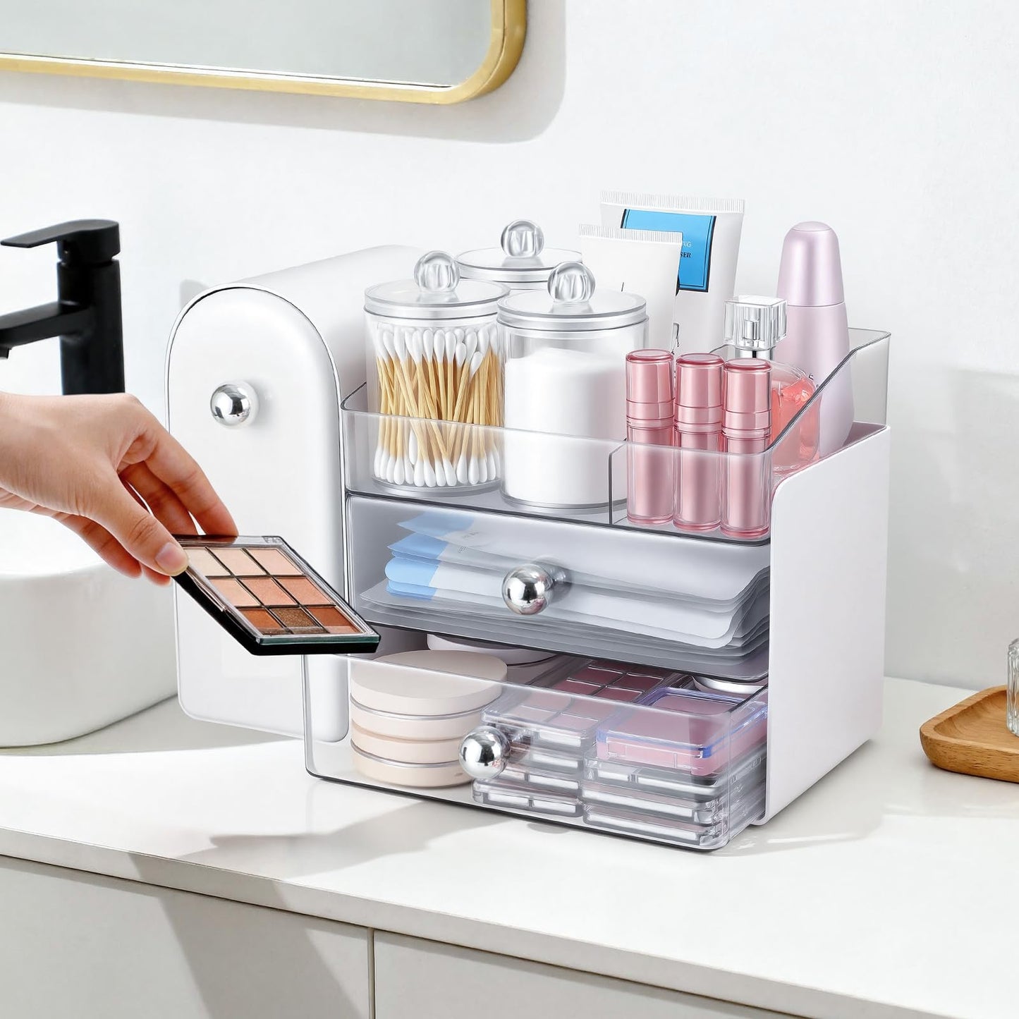TRQWRO Makeup Organizer,Vanity Organizer with Makeup Brush Holder,Large Skincare Organizers with Drawers,Bathroom Countertop Organizer,Storage Lipstick,Perfume,Nail Polish,Beauty,Gifts for Woman