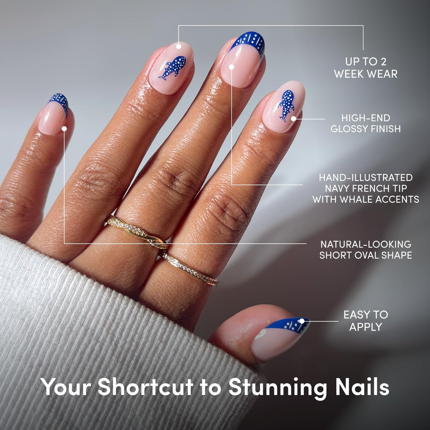 Glamnetic Press On Nails - Short Oval Blue French Tip Nails with Polka Dots & Whale Accents | 30-Piece Summer Nail Kit