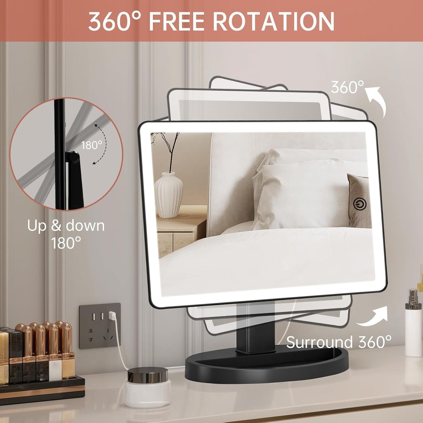 Large Lighted Makeup Mirror - 3 Color Modes, 88 LED, 10X Magnification | 360° Rotation, Touch Screen (Black)