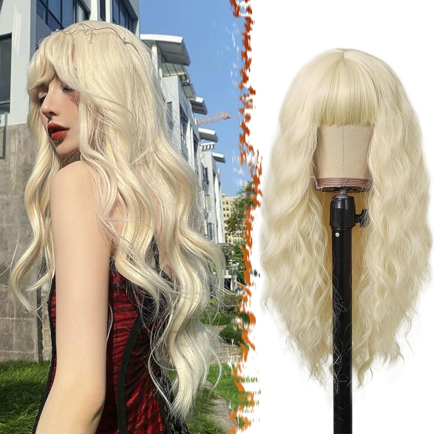 Long Wavy Blonde Curtain Bangs Wig - 26" Synthetic Ombre Wig with Dark Roots | Soft Natural Look