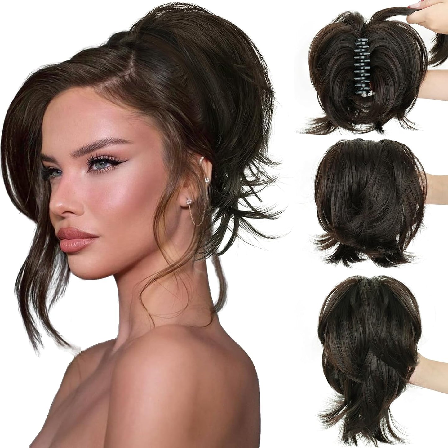 Claw Clip Ponytail Extension - Short Messy Hair Bun for Thin Hair | Straight Synthetic Hair, Easy Updo in Brown
