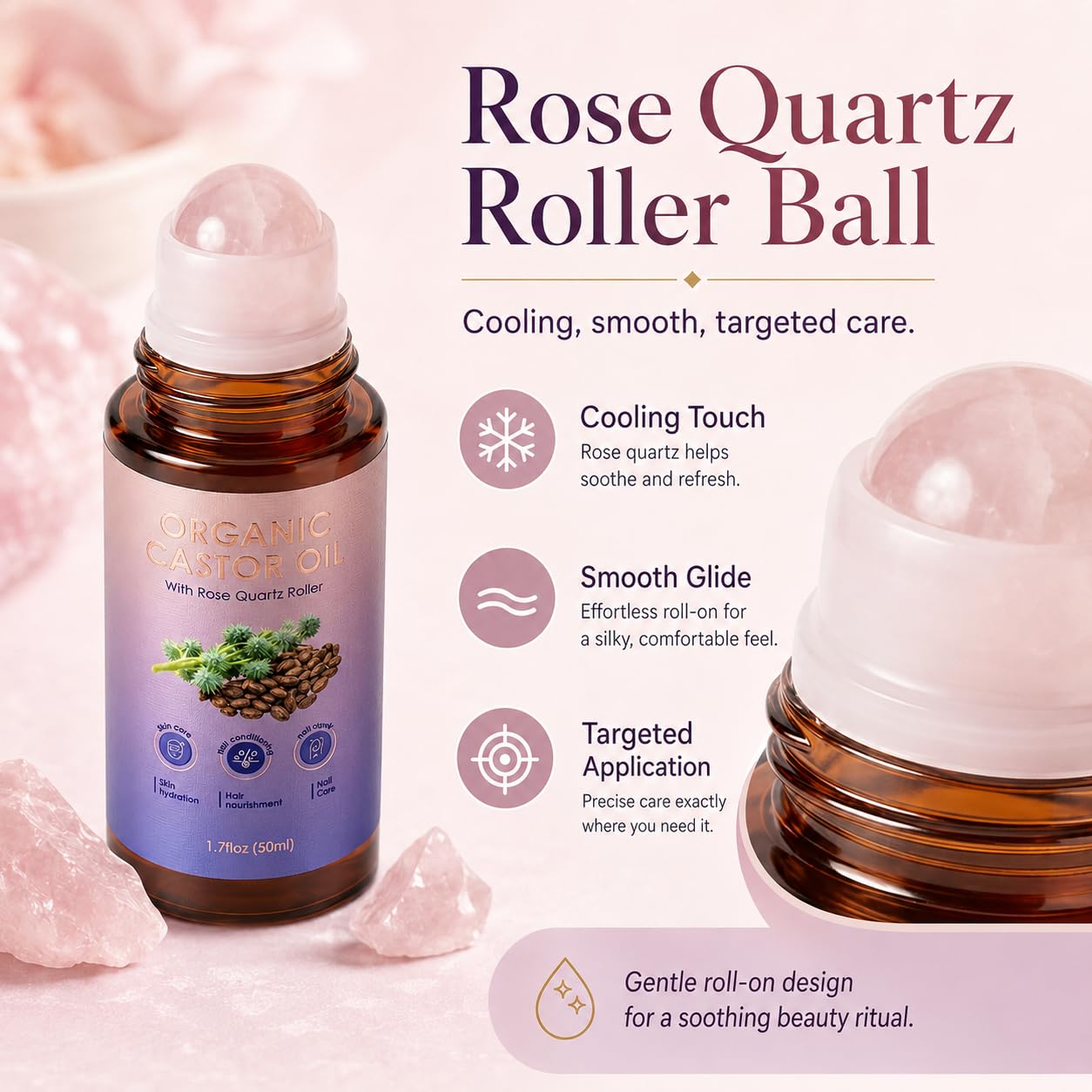 Organic Castor Oil Rose Quartz Roller - Cold Pressed for Brows, Lashes & Face | 1.7 Fl Oz, Non-Greasy Design