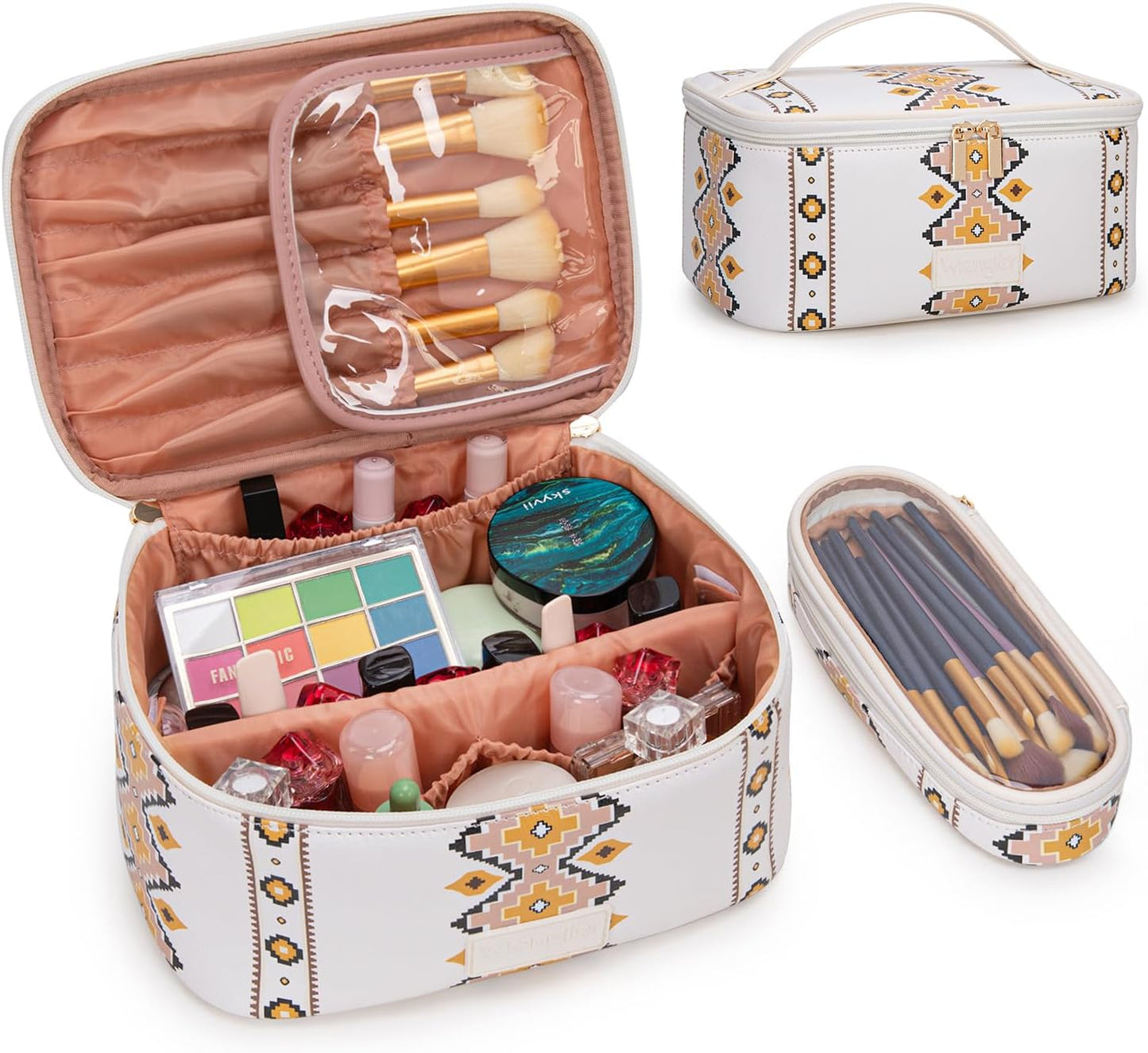 Travel Makeup Bag Set - Large Cosmetic Organizer with Brush Holder & Divider | Portable Toiletry Bag for Women - Aztec Design