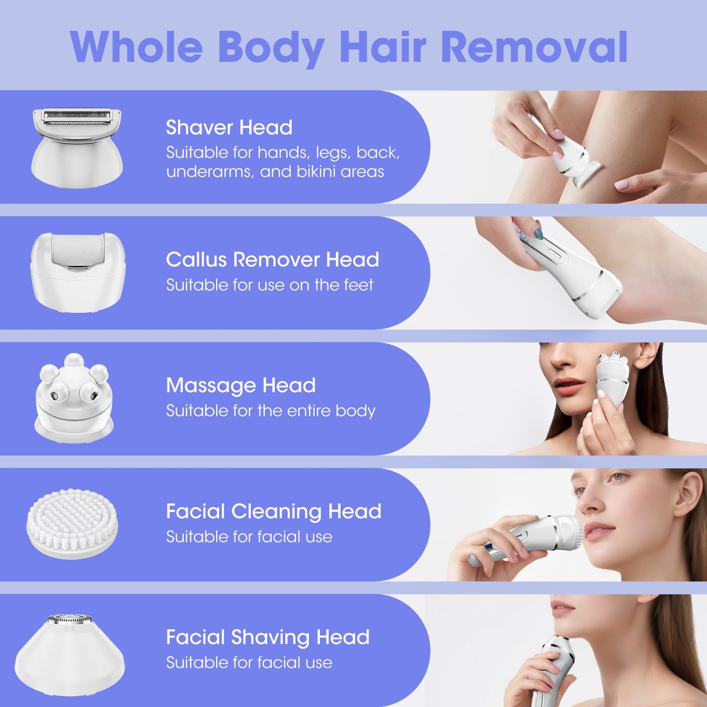 Qreeyx Epilator for Women, 7 in 1 Epilator Hair Removal for Women, Shaver, Bikini, Face Razor, Facial Brush, Face Massage and Body Exfoliator, Waterproof Painless Lady Shaver (White 227)