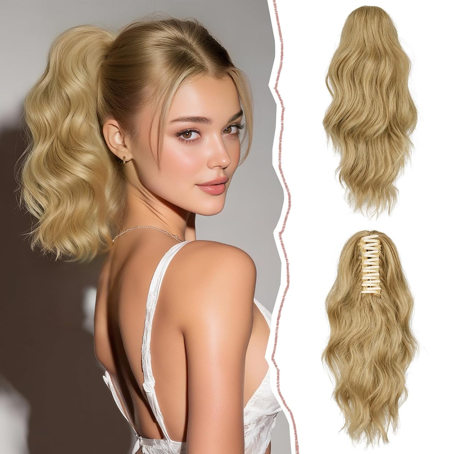 Ponytail Extension - Short Wavy Claw Clip-In Synthetic Hairpiece | Black Layered Curly Drawstring for Women