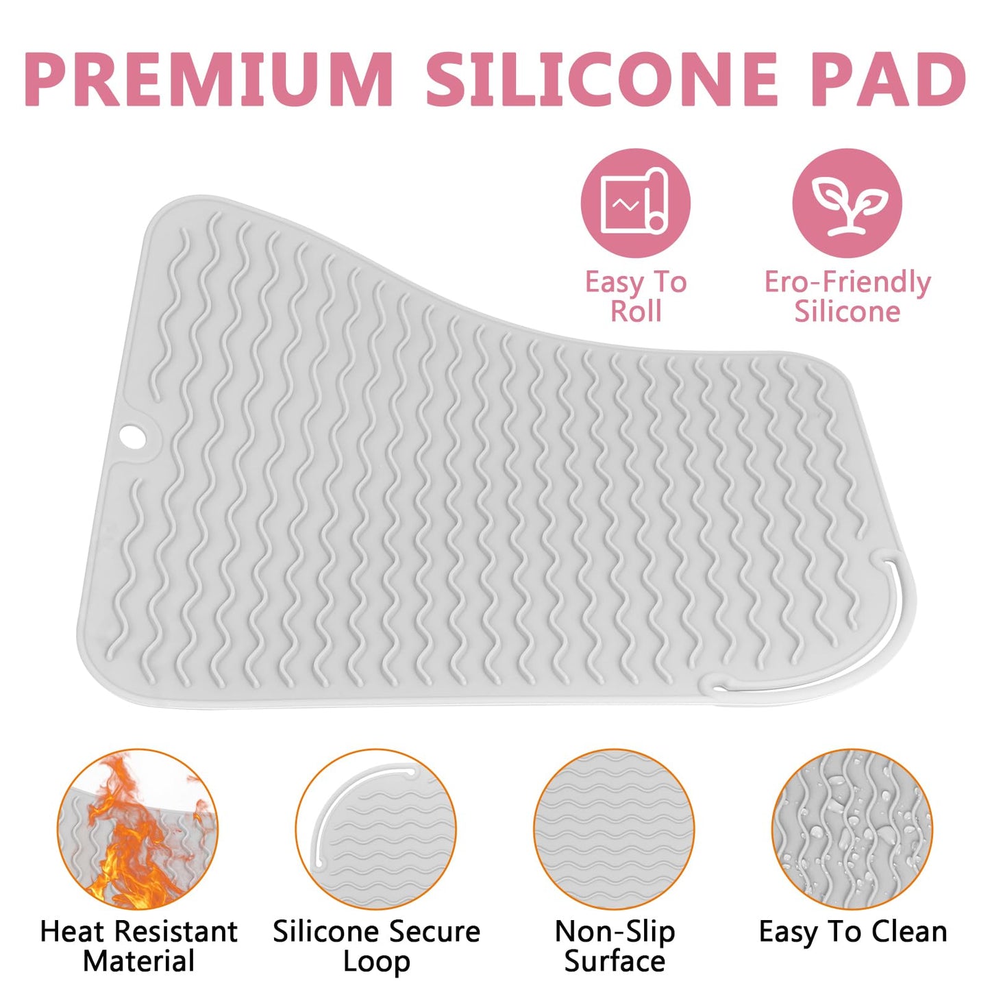 WRORUNER Larger Size Silicone Heat Resistant Mat for Curling Irons, Flat Irons, Hair Straightener and Other Hair Styling Tools, Portable Hot Tools Pad Cover for Travel Vanity Salon(12.0" x 9.0")