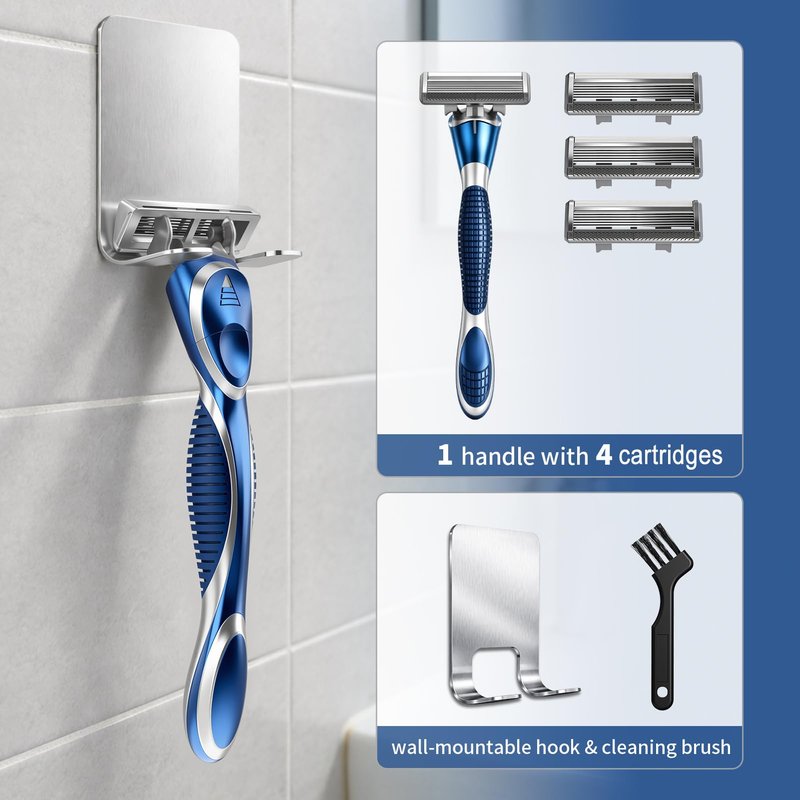 FYNEDGE 6-Blade Manual Razor for Men with Lubricating Strip, 1 Ergonomic Non-Slip Handle Includes 4pack Razor Blade Refill Cartridges, with Hanging Hook & Cleaning Brush, Full Washable Design