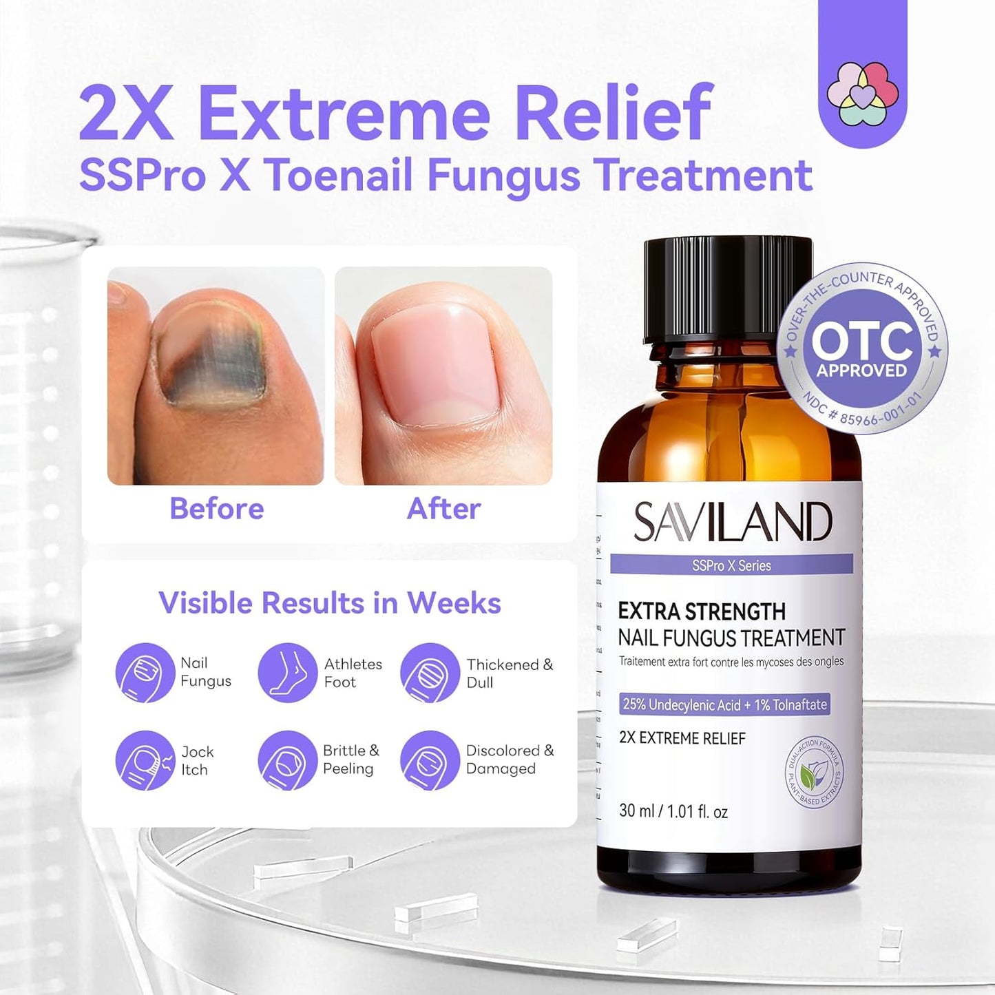 SAVILAND Toenail Fungus Treatment - Extra Strength 25% Undecylenic Acid & 1% Tolnaftate | 2 fl oz for Discolored, Thick Nails